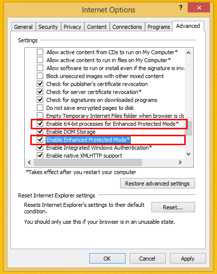 Settings on windows Internet Options to enable 64bit Internet Explorer (Windows 8/IE11)